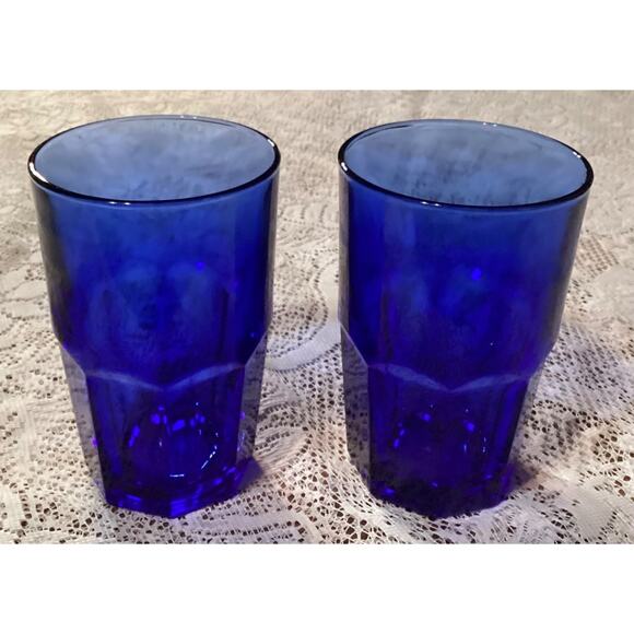 2 Libbey Crisa Glass Cobalt Blue Tumblers 8 Panel Heavy Glasses 5.5" Vintage - Picture 7 of 11